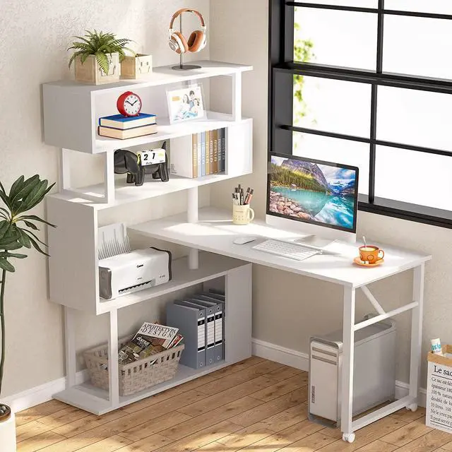Alt view image 7 of 7 - Tribesigns Rotating Computer Desk with 5 Shelves Bookshelf, Modern L-Shaped Corner Desk with Storage, Reversible Office Desk Study Table Writing Desk on Wheels for Home Office (White)