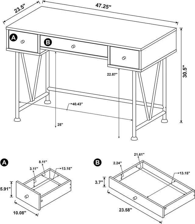 Alt view image 3 of 7 - Coaster Furniture Analiese Farmhouse 3 Drawer Home Office Writing Desk Black Metal Base Antique Nutmeg Brown 801541