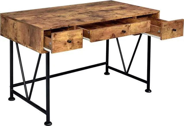 Alt view image 4 of 7 - Coaster Furniture Analiese Farmhouse 3 Drawer Home Office Writing Desk Black Metal Base Antique Nutmeg Brown 801541