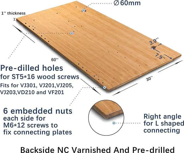 Alt view image 3 of 7 - VWINDESK 60 x 30 x 1 Inch 100% Solid Bamboo Desk Table Top Only,for Standing Desk Home Office Desk with 60mm Grommets(Right Angle)