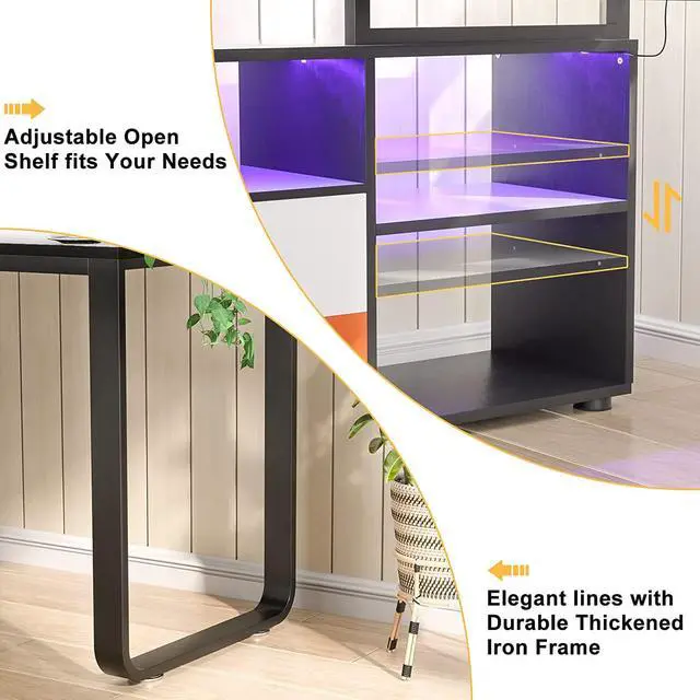 Alt view image 5 of 6 - L Shaped Desk with File Cabinet & Power Outlet, Reversible 55 Inch Large Corner Computer Desks with LED Strip, L-Shaped Computer Desk with Drawers and Storage Shelves, White & Black