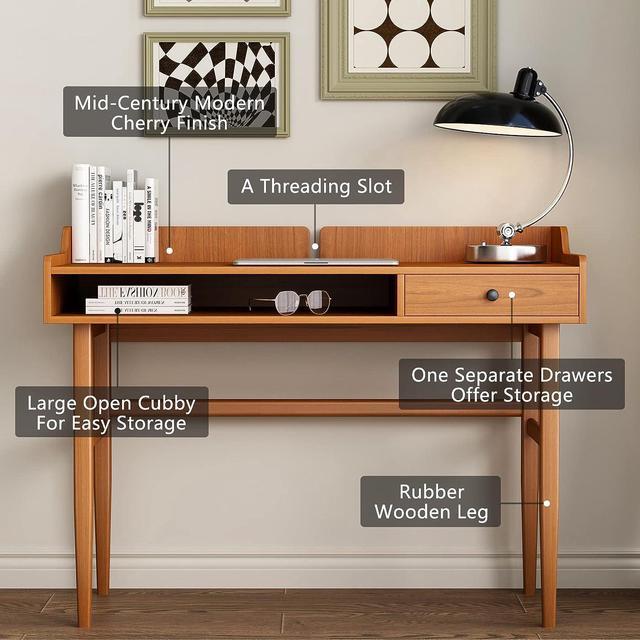 Modern Simple Home Office Desk, Mid Century Modern Computer Writing Desk  with Drawer Solid Wood Legs and Open Storage Cubby, Small Vanity Table Desk