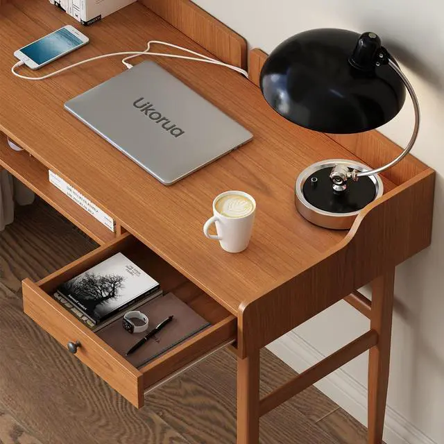 Alt view image 4 of 7 - Vintage-Style Desk with Scandinavian Flair, Computer or Laptop Desk, Writing Desk with Drawer and Open Storage Cubby, Small Space Dressing Table.
