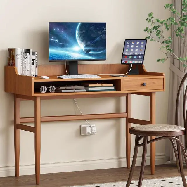 Alt view image 7 of 7 - ukorua Vintage-Style Desk with Scandinavian Flair, Computer or Laptop Desk, Writing Desk with Drawer and Open Storage Cubby, Small Space Dressing Table.