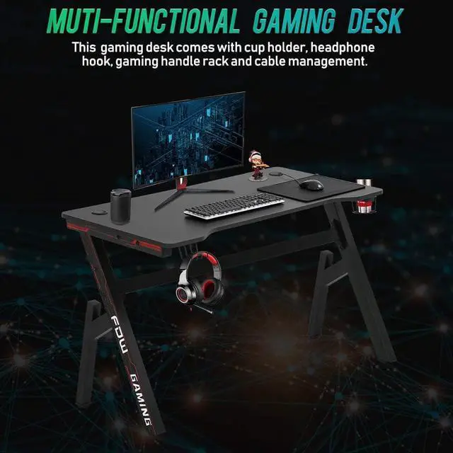 Alt view image 3 of 7 - Gaming Computer Desk Home Office Desk Extra Large Modern Ergonomic Black PC Carbon Fiber Writing Desk Table with Cup Holder Headphone Hook