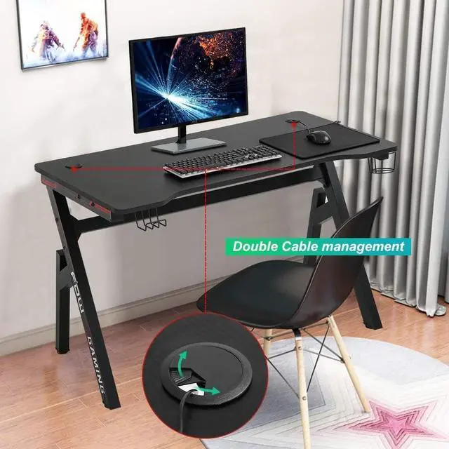 Alt view image 4 of 7 - Gaming Computer Desk Home Office Desk Extra Large Modern Ergonomic Black PC Carbon Fiber Writing Desk Table with Cup Holder Headphone Hook