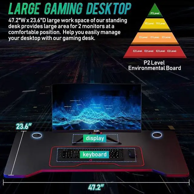 Alt view image 7 of 7 - Gaming Computer Desk Home Office Desk Extra Large Modern Ergonomic Black PC Carbon Fiber Writing Desk Table with Cup Holder Headphone Hook