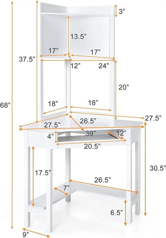 Alt view image 2 of 7 - Tangkula White Corner Desk with Hutch, 90 Degrees Triangle Computer Desk with Keyboard Tray & Bookshelves for Small Space, Space Saving Writing Desk with Storage Shelves for Bedroom Apartment