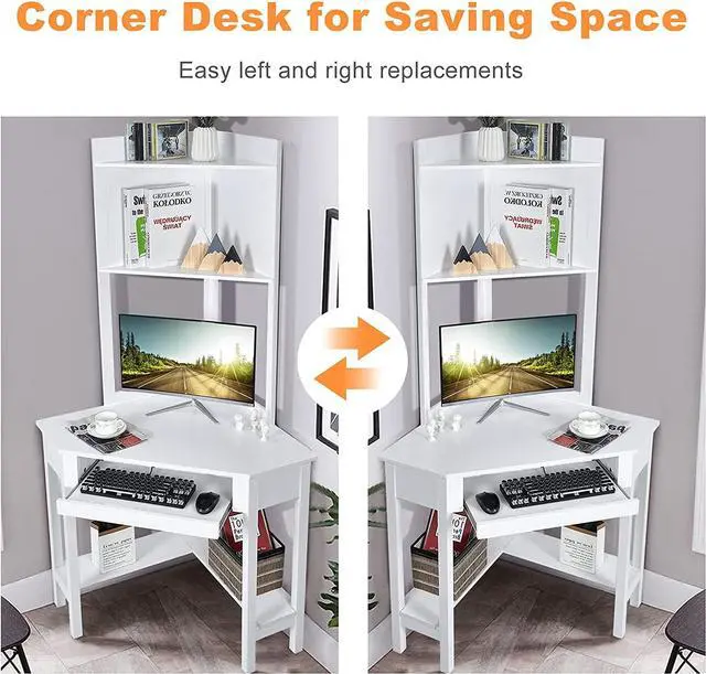Alt view image 4 of 7 - Tangkula White Corner Desk with Hutch, 90 Degrees Triangle Computer Desk with Keyboard Tray & Bookshelves for Small Space, Space Saving Writing Desk with Storage Shelves for Bedroom Apartment