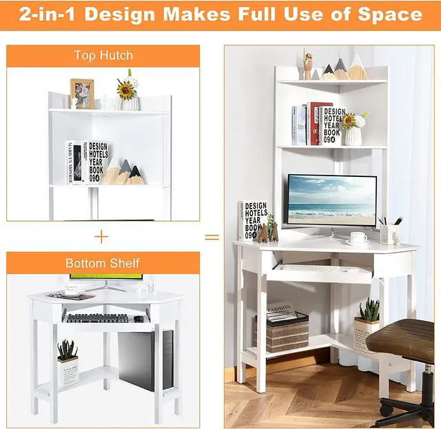 Alt view image 5 of 7 - Tangkula White Corner Desk with Hutch, 90 Degrees Triangle Computer Desk with Keyboard Tray & Bookshelves for Small Space, Space Saving Writing Desk with Storage Shelves for Bedroom Apartment