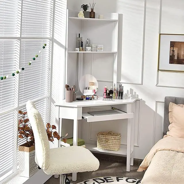 Alt view image 3 of 7 - Tangkula White Corner Desk with Hutch, 90 Degrees Triangle Computer Desk with Keyboard Tray & Bookshelves for Small Space, Space Saving Writing Desk with Storage Shelves for Bedroom Apartment