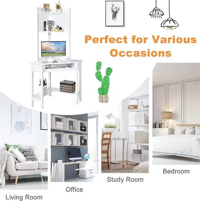 Alt view image 6 of 7 - Tangkula White Corner Desk with Hutch, 90 Degrees Triangle Computer Desk with Keyboard Tray & Bookshelves for Small Space, Space Saving Writing Desk with Storage Shelves for Bedroom Apartment