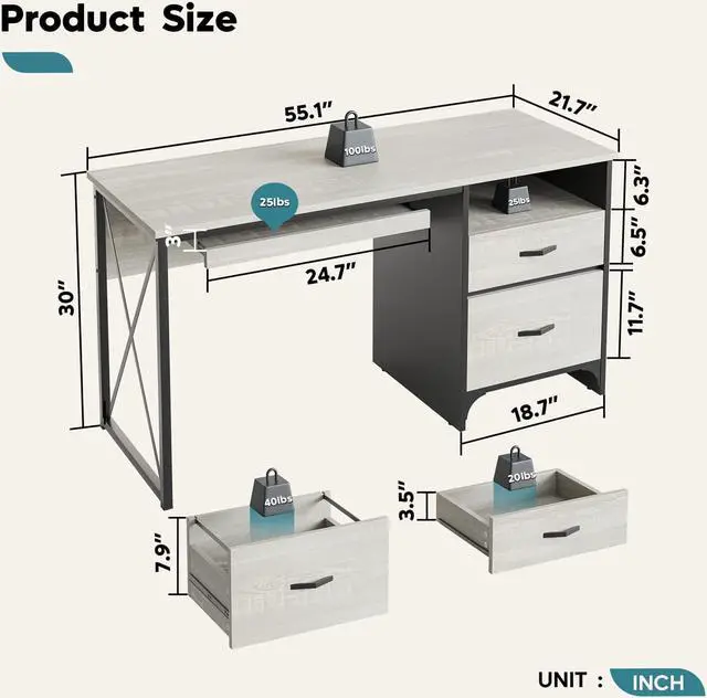 Alt view image 3 of 7 - Desk with Drawers, 55 inch Industrial Computer Desk with Storage, Wood Teacher Desk with Keyboard Tray & File Drawer for Home Office, Wash White