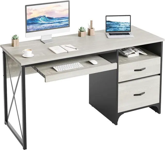 Main image of Desk with Drawers, 55 inch Industrial Computer Desk with Storage, Wood Teacher Desk with Keyboard Tray & File Drawer for Home Office, Wash White