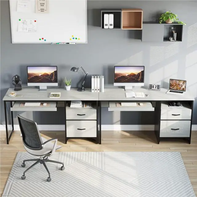 Alt view image 2 of 7 - Desk with Drawers, 55 inch Industrial Computer Desk with Storage, Wood Teacher Desk with Keyboard Tray & File Drawer for Home Office, Wash White