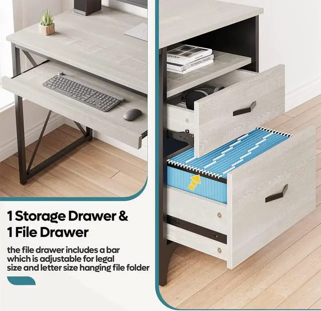 Alt view image 4 of 7 - Desk with Drawers, 55 inch Industrial Computer Desk with Storage, Wood Teacher Desk with Keyboard Tray & File Drawer for Home Office, Wash White