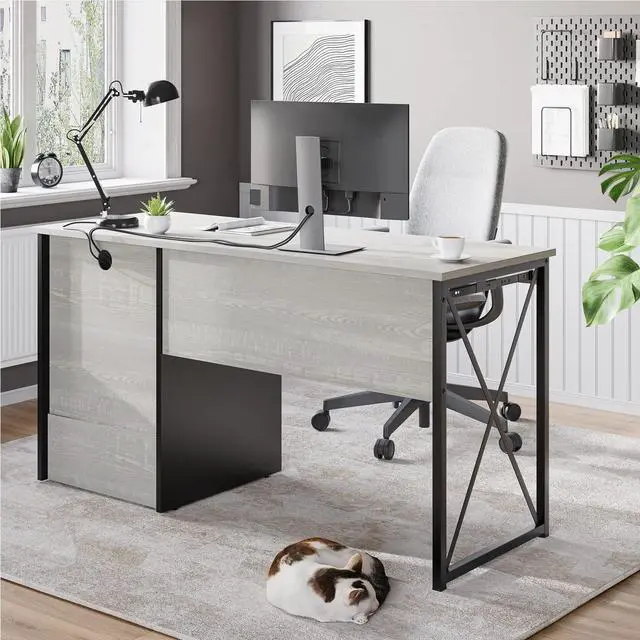 Alt view image 7 of 7 - Desk with Drawers, 55 inch Industrial Computer Desk with Storage, Wood Teacher Desk with Keyboard Tray & File Drawer for Home Office, Wash White