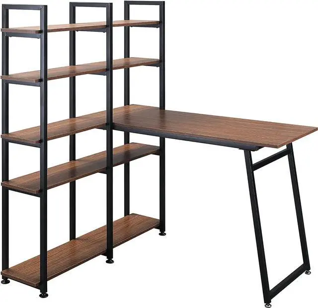 Main image of HOMCOM 5 Tier Versatile L-Shaped Computer Desk, Writing Table with Display Shelves and Metal Frame, Space-Saving for Study, Home Office, Walnut
