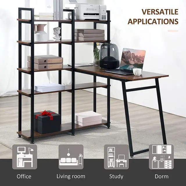 Alt view image 4 of 7 - HOMCOM 5 Tier Versatile L-Shaped Computer Desk, Writing Table with Display Shelves and Metal Frame, Space-Saving for Study, Home Office, Walnut