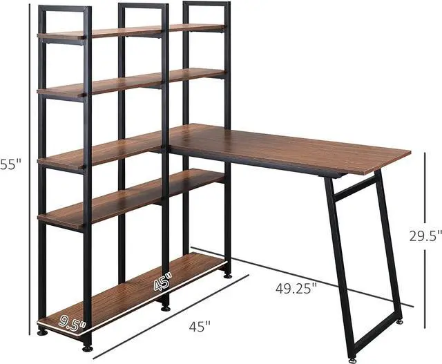 Alt view image 3 of 7 - HOMCOM 5 Tier Versatile L-Shaped Computer Desk, Writing Table with Display Shelves and Metal Frame, Space-Saving for Study, Home Office, Walnut