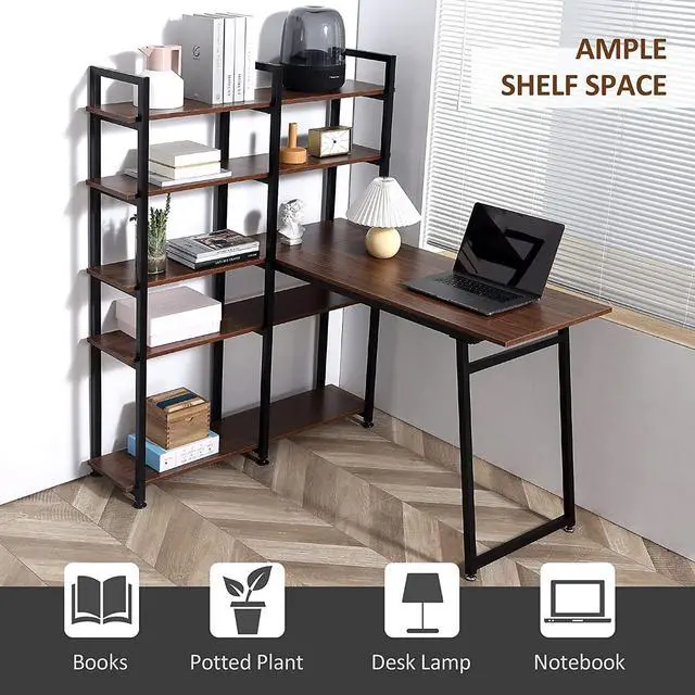 Alt view image 6 of 7 - HOMCOM 5 Tier Versatile L-Shaped Computer Desk, Writing Table with Display Shelves and Metal Frame, Space-Saving for Study, Home Office, Walnut