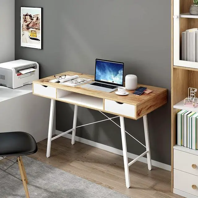 Alt view image 2 of 6 - soges Mid Century Desk with Drawers, 47 inches Writing Study Desk with 2 Drawer and Opening Storage Cube, Home Office Computer Desk for Small Space, Multifunctional Vanity Desk Dressing Table