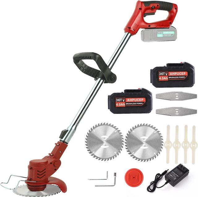 Image of Cordless brush cutter with metal blade trimming hedges