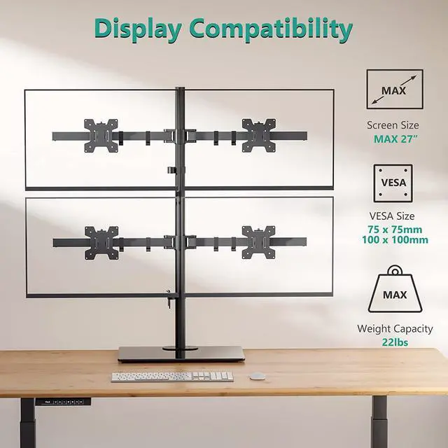 Alt view image 3 of 7 - WALI Freestanding Quad Monitor Mount for 17-27 Inch Screens, Fully Adjustable 4 Monitor Stand with Swivel, Tilt, Rotation, Glass Base, Max Load 22 lbs per Arm (GMF004), Black