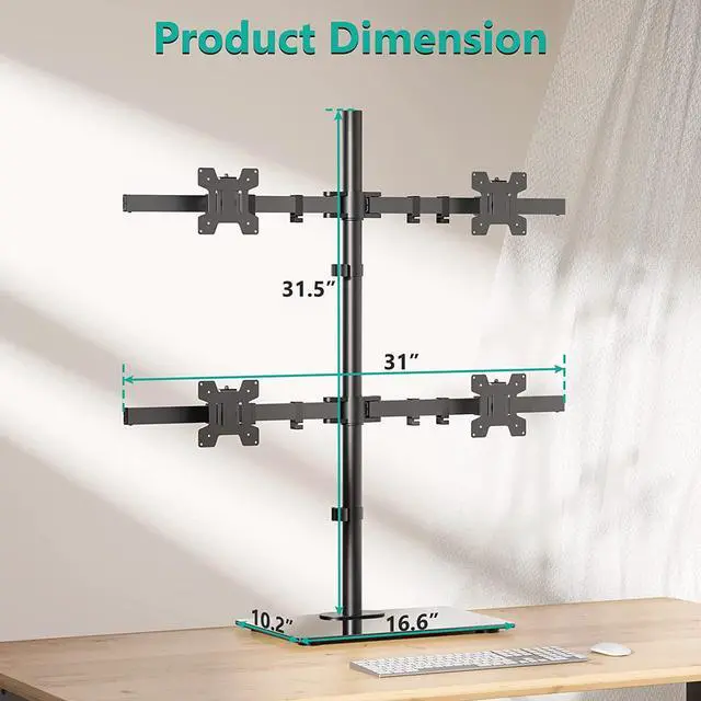 Alt view image 4 of 7 - WALI Freestanding Quad Monitor Mount for 17-27 Inch Screens, Fully Adjustable 4 Monitor Stand with Swivel, Tilt, Rotation, Glass Base, Max Load 22 lbs per Arm (GMF004), Black