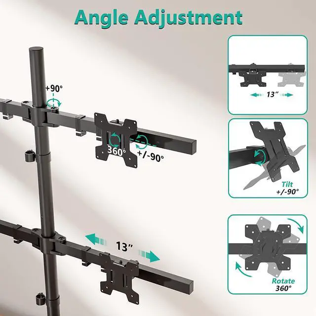Alt view image 5 of 7 - WALI Freestanding Quad Monitor Mount for 17-27 Inch Screens, Fully Adjustable 4 Monitor Stand with Swivel, Tilt, Rotation, Glass Base, Max Load 22 lbs per Arm (GMF004), Black