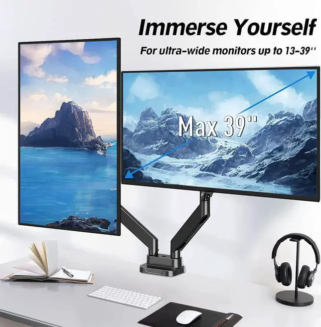 Alt view image 2 of 7 - MOUNTUP Dual Monitor Mount Fits 13-39 Screen, Ultrawide Dual Monitor Desk Mount Hold 4.4-33 lbs, Adjustable Gas Spring Double Monitor Arms, VESA Bracket with Clamp/Grommet, Computer Monitor Stand