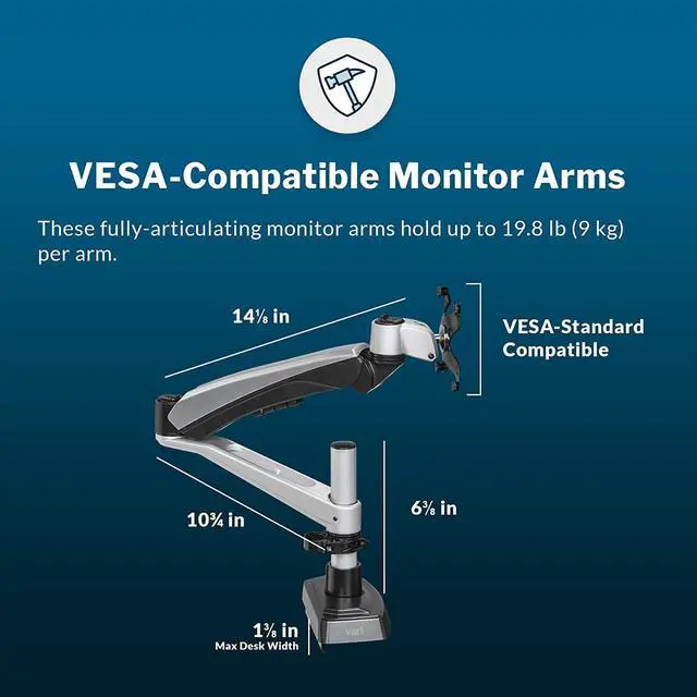 Alt view image 5 of 7 - Vari Dual Monitor Arm - VESA Monitor Mount w/ 360 Degree Adjustment - Monitors up to 27 inches, 19.8 lbs - Double Monitor Arms with Full Adjustability - Computer Monitor Stand for Home or Office
