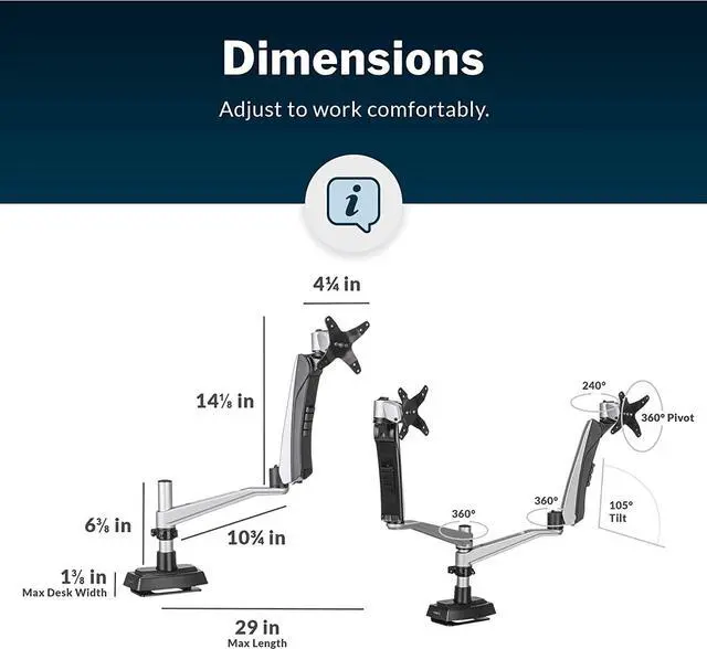 Alt view image 7 of 7 - Vari Dual Monitor Arm - VESA Monitor Mount w/ 360 Degree Adjustment - Monitors up to 27 inches, 19.8 lbs - Double Monitor Arms with Full Adjustability - Computer Monitor Stand for Home or Office
