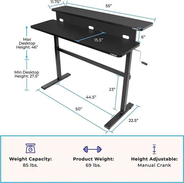 Alt view image 3 of 7 - Stand Steady Tranzendesk | 55 Inch Dual Level Standing Desk with Shelf | Easy Crank Height Adjustable Sit to Stand Desk | Stand Up Workstation with Monitor Riser for Home & Office (55in / Black)