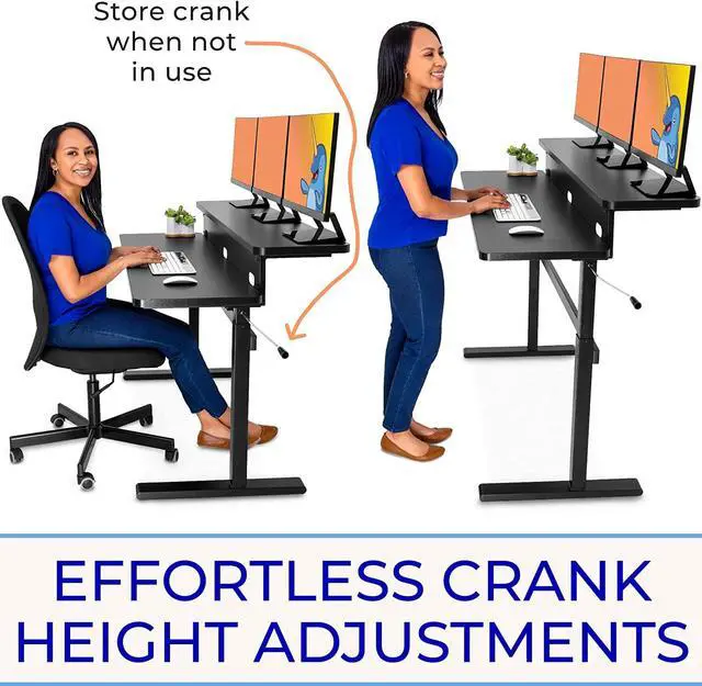 Alt view image 4 of 7 - Stand Steady Tranzendesk | 55 Inch Dual Level Standing Desk with Shelf | Easy Crank Height Adjustable Sit to Stand Desk | Stand Up Workstation with Monitor Riser for Home & Office (55in / Black)