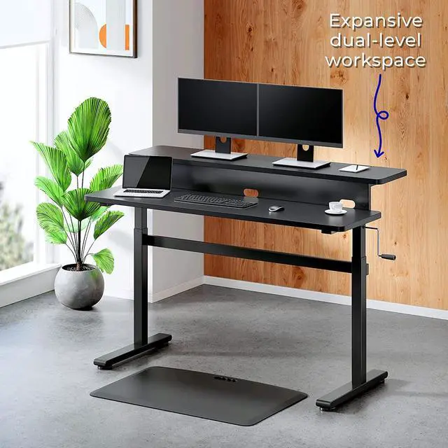 Alt view image 2 of 7 - Stand Steady Tranzendesk | 55 Inch Dual Level Standing Desk with Shelf | Easy Crank Height Adjustable Sit to Stand Desk | Stand Up Workstation with Monitor Riser for Home & Office (55in / Black)