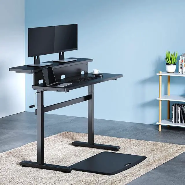 Alt view image 7 of 7 - Stand Steady Tranzendesk | 55 Inch Dual Level Standing Desk with Shelf | Easy Crank Height Adjustable Sit to Stand Desk | Stand Up Workstation with Monitor Riser for Home & Office (55in / Black)