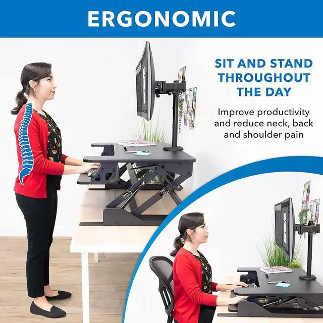 Alt view image 3 of 7 - Standing Desk Converter with Bonus Dual Monitor Mount Included - Height Adjustable Stand Up Desk - Wide 36 Inch Sit Stand Workstation with Gas Spring Lift Black (MI-7934)