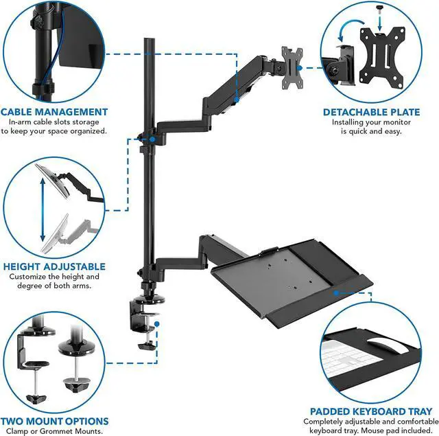 Alt view image 4 of 7 - MOUNT-IT! Sit Stand Monitor Desk Mount [Fits 32" Screens] Height Adjustable, Full-Motion Articulating Arm with Keyboard Tray and Cable Management (Black)