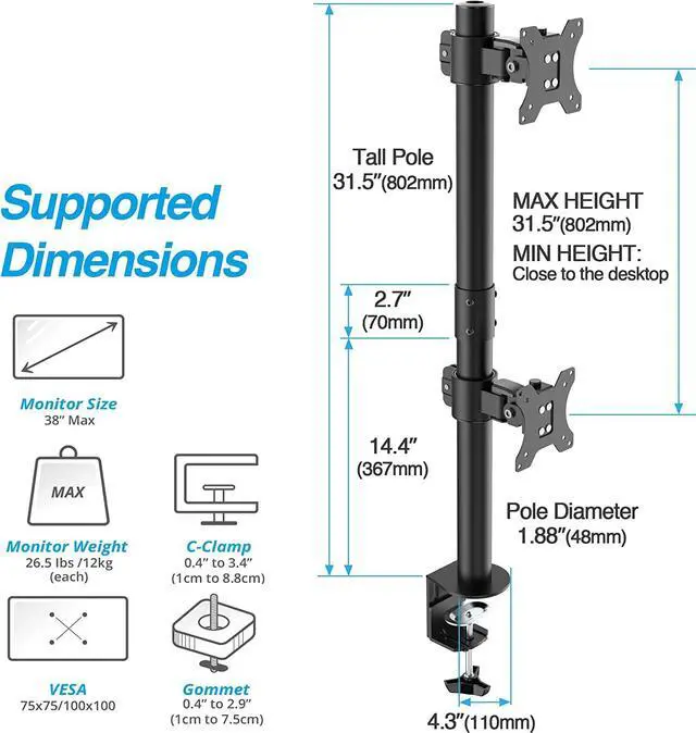 Alt view image 2 of 7 - AVLT 38" Vertical Ultrawide Monitor Mount Stand Two Stacked 26.5 lbs Screens on Heavy-Duty Pole Save Workspace with Fine-Tune Height Tilt Swivel Rotate Adjustment C-clamp and Grommet Mounting Base