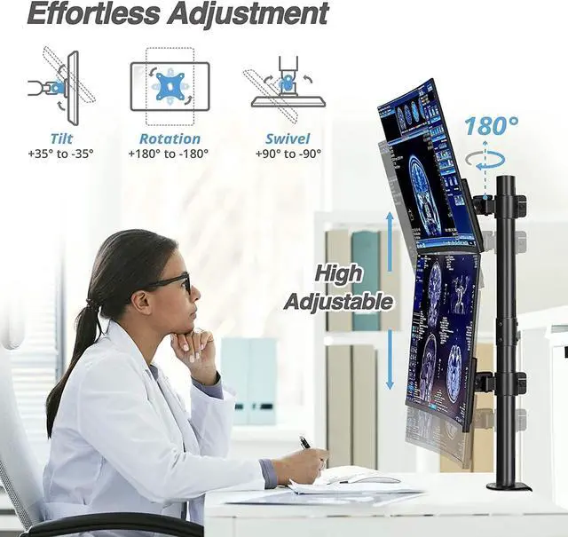 Alt view image 3 of 7 - AVLT 38" Vertical Ultrawide Monitor Mount Stand Two Stacked 26.5 lbs Screens on Heavy-Duty Pole Save Workspace with Fine-Tune Height Tilt Swivel Rotate Adjustment C-clamp and Grommet Mounting Base
