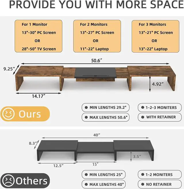 Alt view image 4 of 7 - WESTREE Triple Dual Monitor Stand Riser, Extra Long Monitor Stand for 1~2~3 Monitors, Monitor Stand with Length and Angle Adjustable, 3 Shelf Desktop Storage Riser for Monitor Computer Screen Laptop