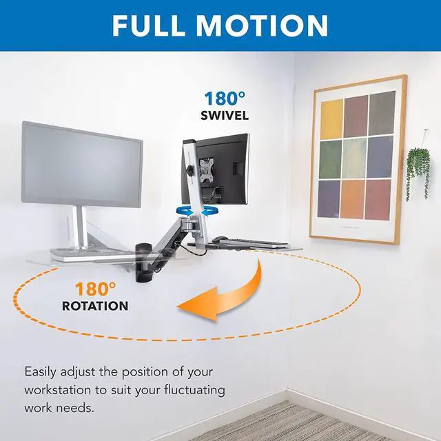 Alt view image 5 of 7 - Mount-It! Sit Stand Wall Mount Workstation | Adjustable Height Stand Up Computer Station with Articulating Monitor Mount, Keyboard Tray, & CPU Holder | VESA Mount 75x75 and 100x100 | MI-7905