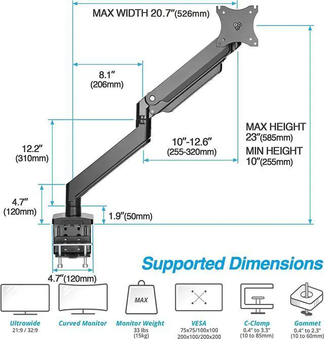 Alt view image 2 of 7 - AVLT Single 13"-43" Monitor Arm Desk Mount fits One Flat/Curved/Ultrawide Monitor Full Motion Height Swivel Tilt Rotation Adjustable Monitor Arm - Black/VESA/C-Clamp/Grommet/Cable Management