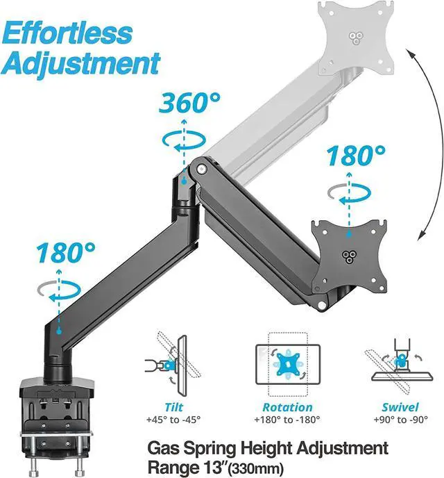 Alt view image 3 of 7 - AVLT Single 13"-43" Monitor Arm Desk Mount fits One Flat/Curved/Ultrawide Monitor Full Motion Height Swivel Tilt Rotation Adjustable Monitor Arm - Black/VESA/C-Clamp/Grommet/Cable Management