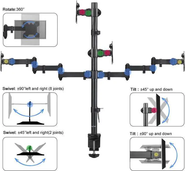 Alt view image 3 of 6 - Suptek Quad LED LCD Monitor Stand up Desk Mount Extra Tall 31.5 inch Pole Heavy Duty Fully Adjustable Stand for 4 (3+1) / Four Screens up to 27 inch (MD6864)