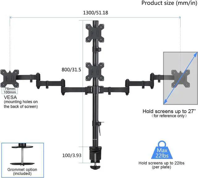 Alt view image 2 of 6 - Suptek Quad LED LCD Monitor Stand up Desk Mount Extra Tall 31.5 inch Pole Heavy Duty Fully Adjustable Stand for 4 (3+1) / Four Screens up to 27 inch (MD6864)