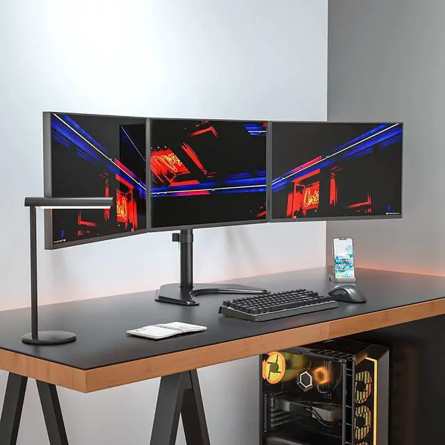 Alt view image 2 of 7 - WALI Triple Monitor Stand, Free Standing Three LCD Monitor Fully Adjustable Desk Mount Fits 3 Screens up to 27 inch, 22 lbs Weight Capacity per Arm (MF003), Black