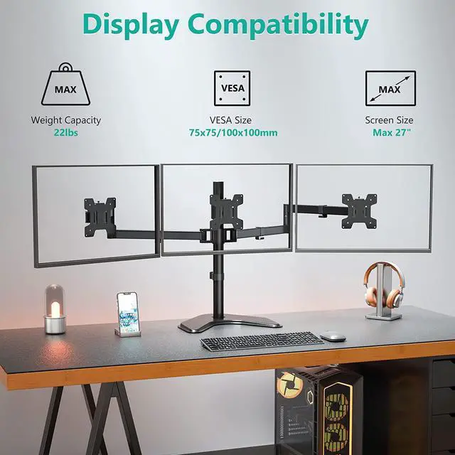 Alt view image 3 of 7 - WALI Triple Monitor Stand, Free Standing Three LCD Monitor Fully Adjustable Desk Mount Fits 3 Screens up to 27 inch, 22 lbs Weight Capacity per Arm (MF003), Black