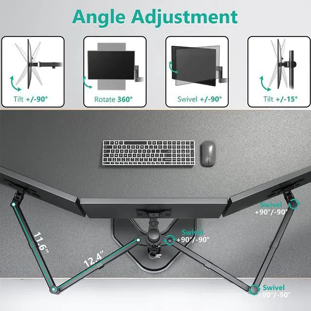 Alt view image 5 of 7 - WALI Triple Monitor Stand, Free Standing Three LCD Monitor Fully Adjustable Desk Mount Fits 3 Screens up to 27 inch, 22 lbs Weight Capacity per Arm (MF003), Black
